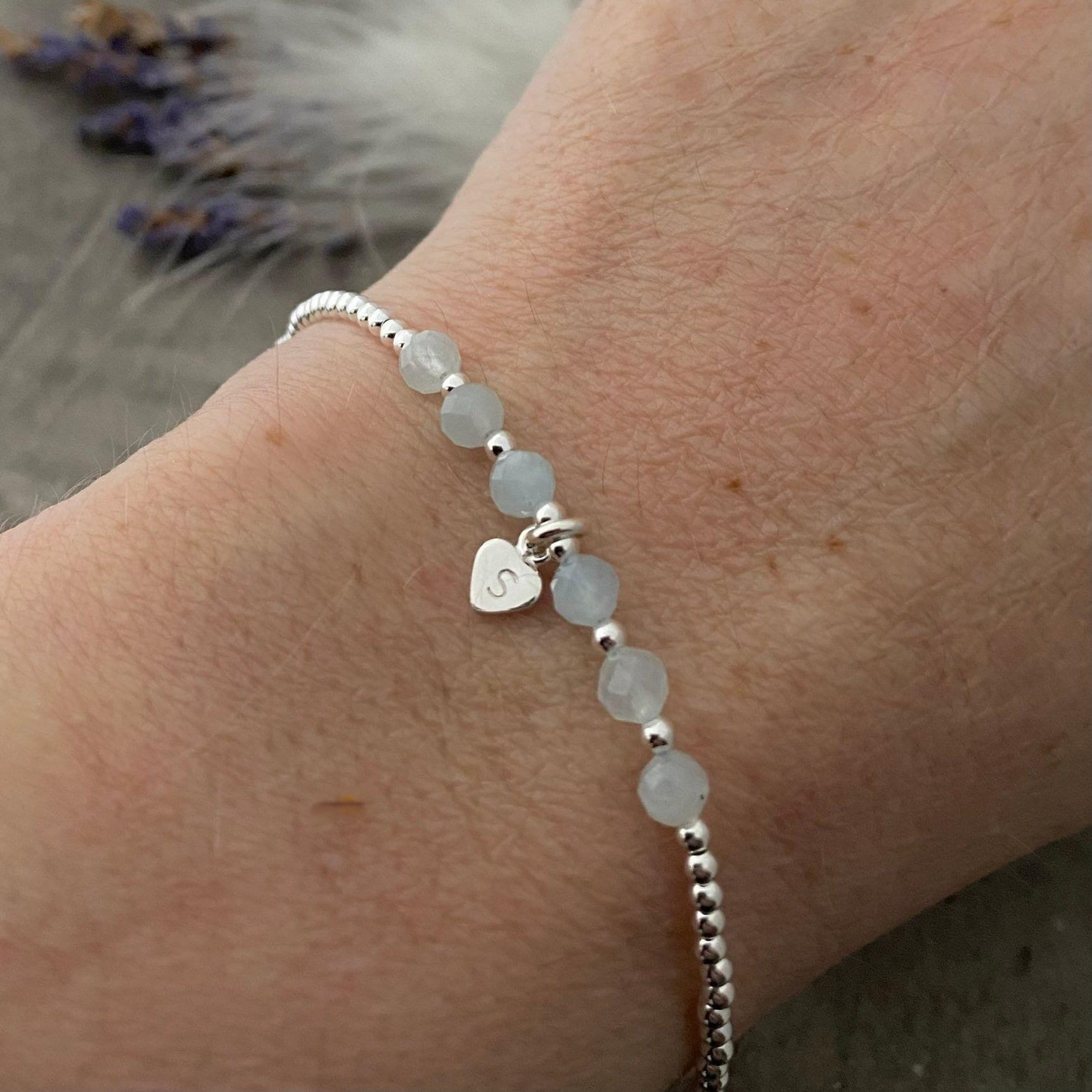 Personalised Aquamarine Bracelet, Dainty March Birthstone Jewellery in Sterling Silver