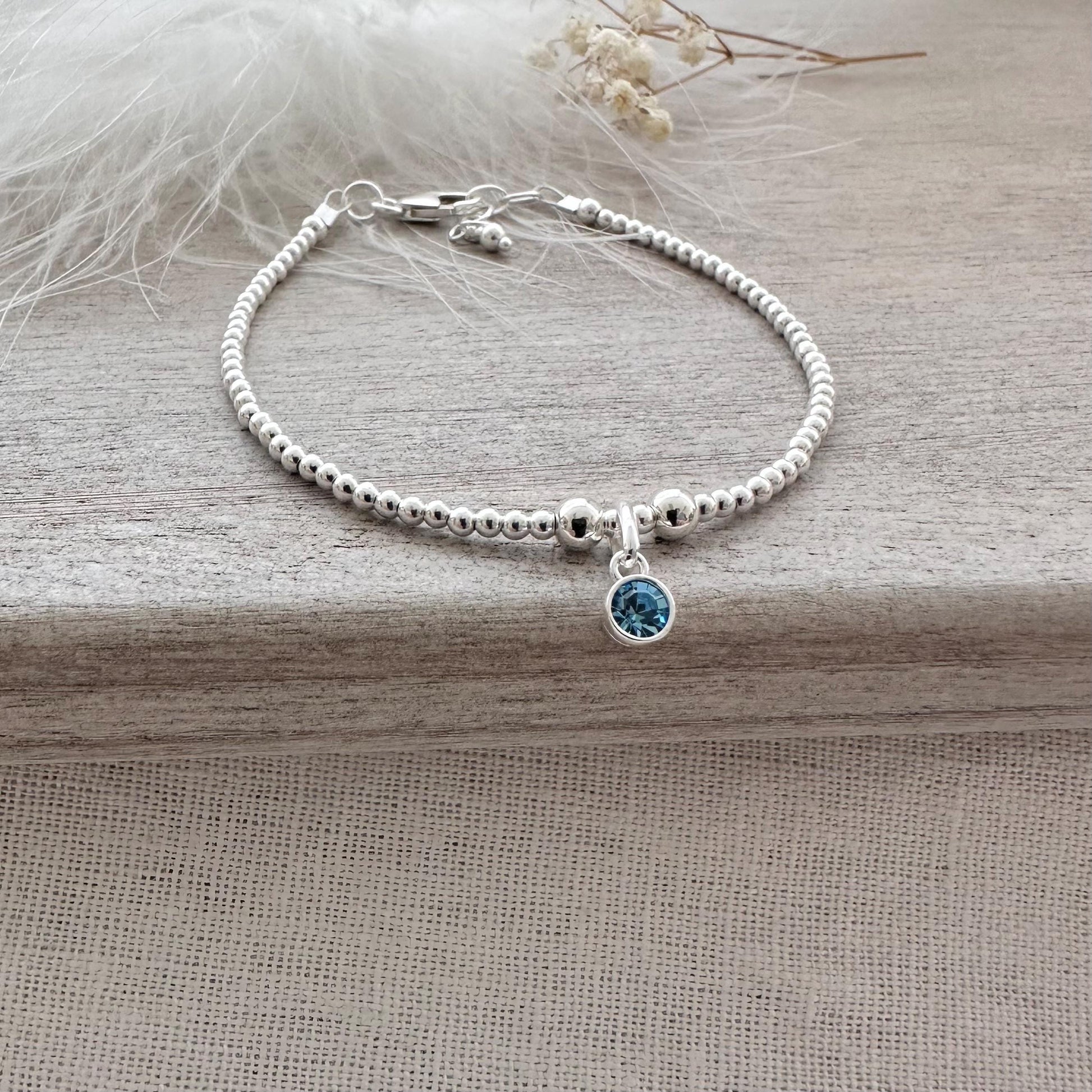 Sterling Silver Birthstone Bracelet with crystal charm, Christmas Gift for women