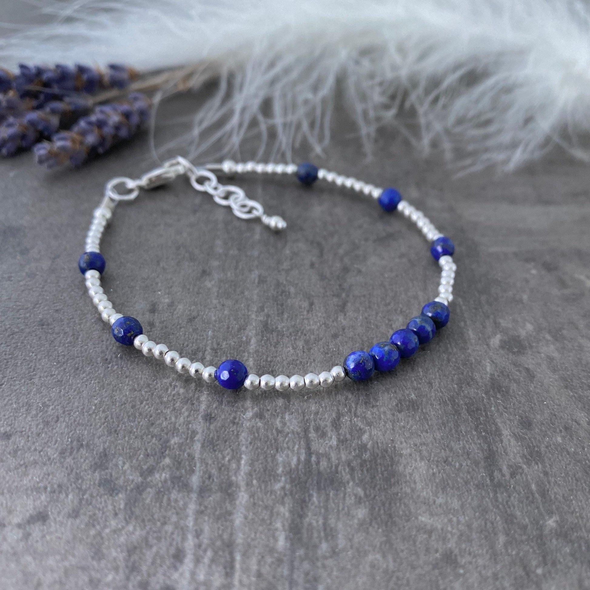 Blue Lapis Lazuli Bracelet, stacking bracelet in sterling silver