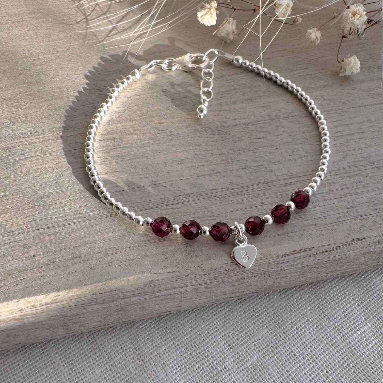 Personalised Garnet Bracelet, , Dainty January Birthstone Jewellery in Sterling Silver