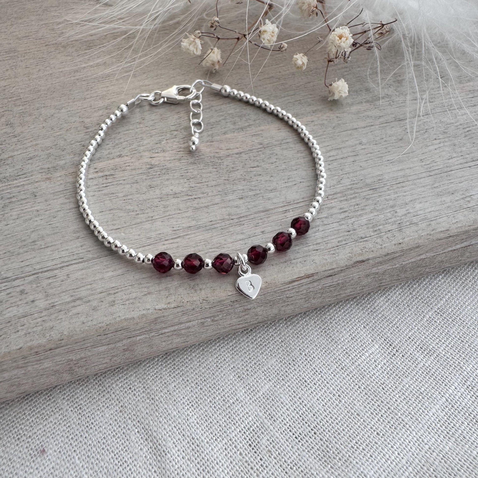 Personalised Garnet Bracelet, , Dainty January Birthstone Jewellery in Sterling Silver