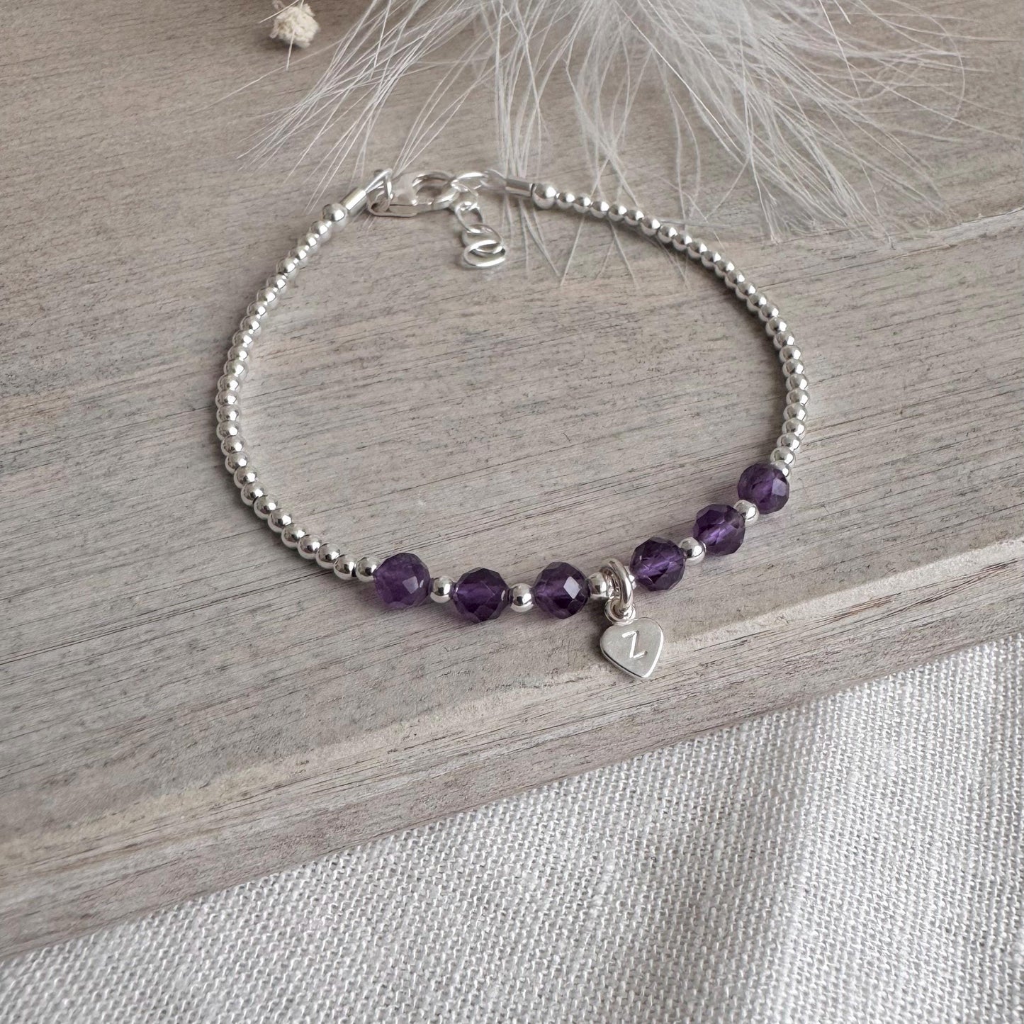 Amethyst Bracelet, February Birthstone Jewellery in Sterling Silver, Personalised Initial Bracelet, Silver Bracelets for Women