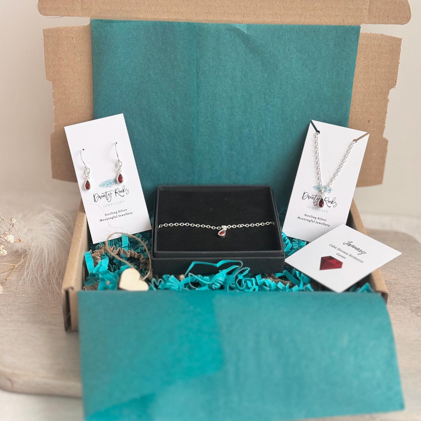 January Birthday Box, Birthstone Jewellery Set in CZ crystal and Sterling Silver, Earrings Bracelet Necklace for Women