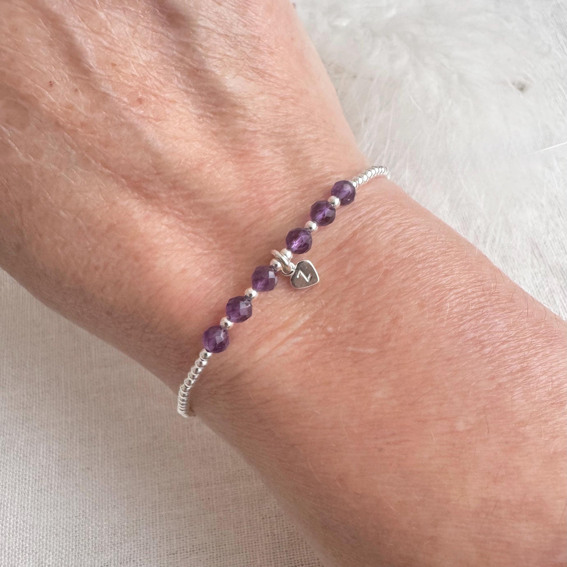 Amethyst Bracelet, February Birthstone Jewellery in Sterling Silver, Personalised Initial Bracelet, Silver Bracelets for Women