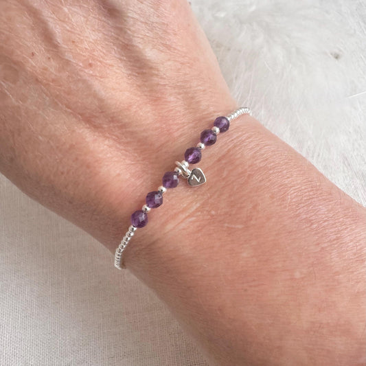 Amethyst Bracelet, February Birthstone Jewellery in Sterling Silver, Personalised Initial Bracelet, Silver Bracelets for Women