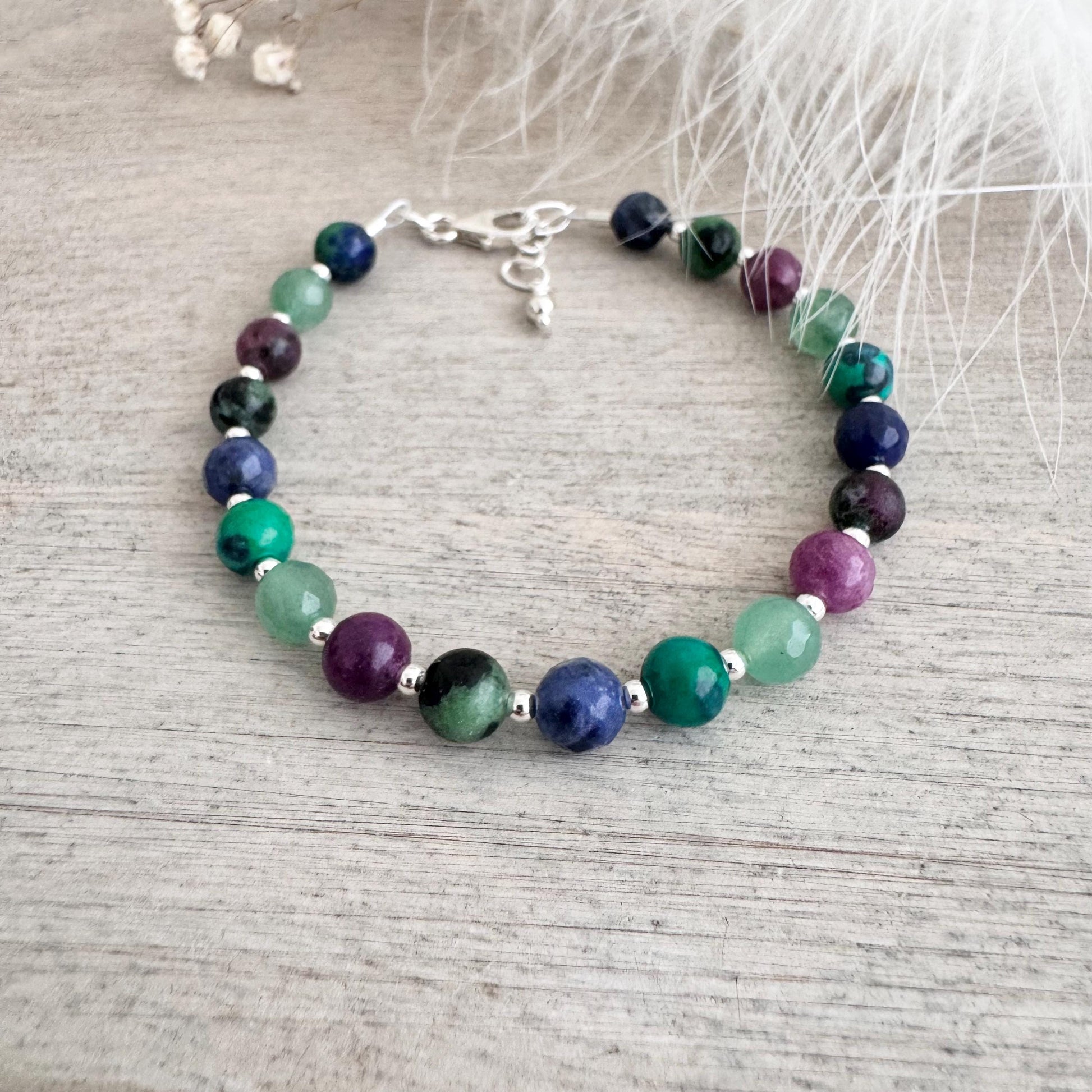 OOAK Gemstone Bracelet, Lepidolite Zoisite Sodalite Sterling Silver