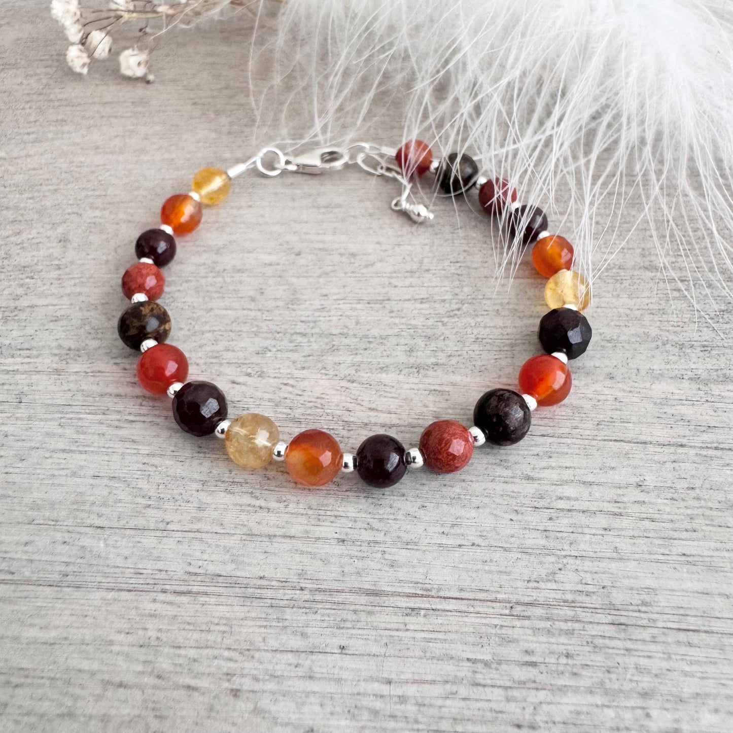 OOAK Gemstone Bracelet, Carnelian Agate Garnet Citrine Sterling Silver