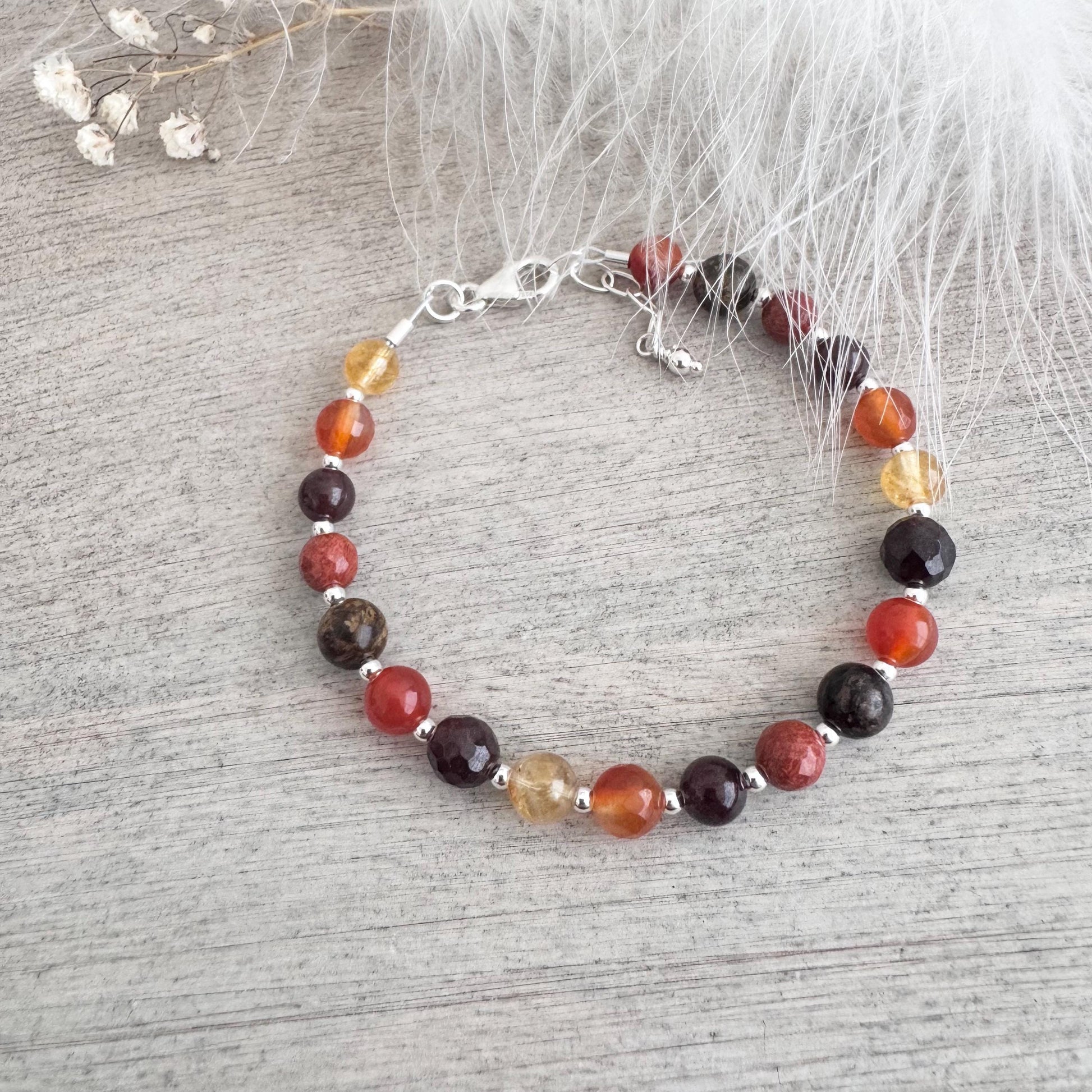 OOAK Gemstone Bracelet, Carnelian Agate Garnet Citrine Sterling Silver