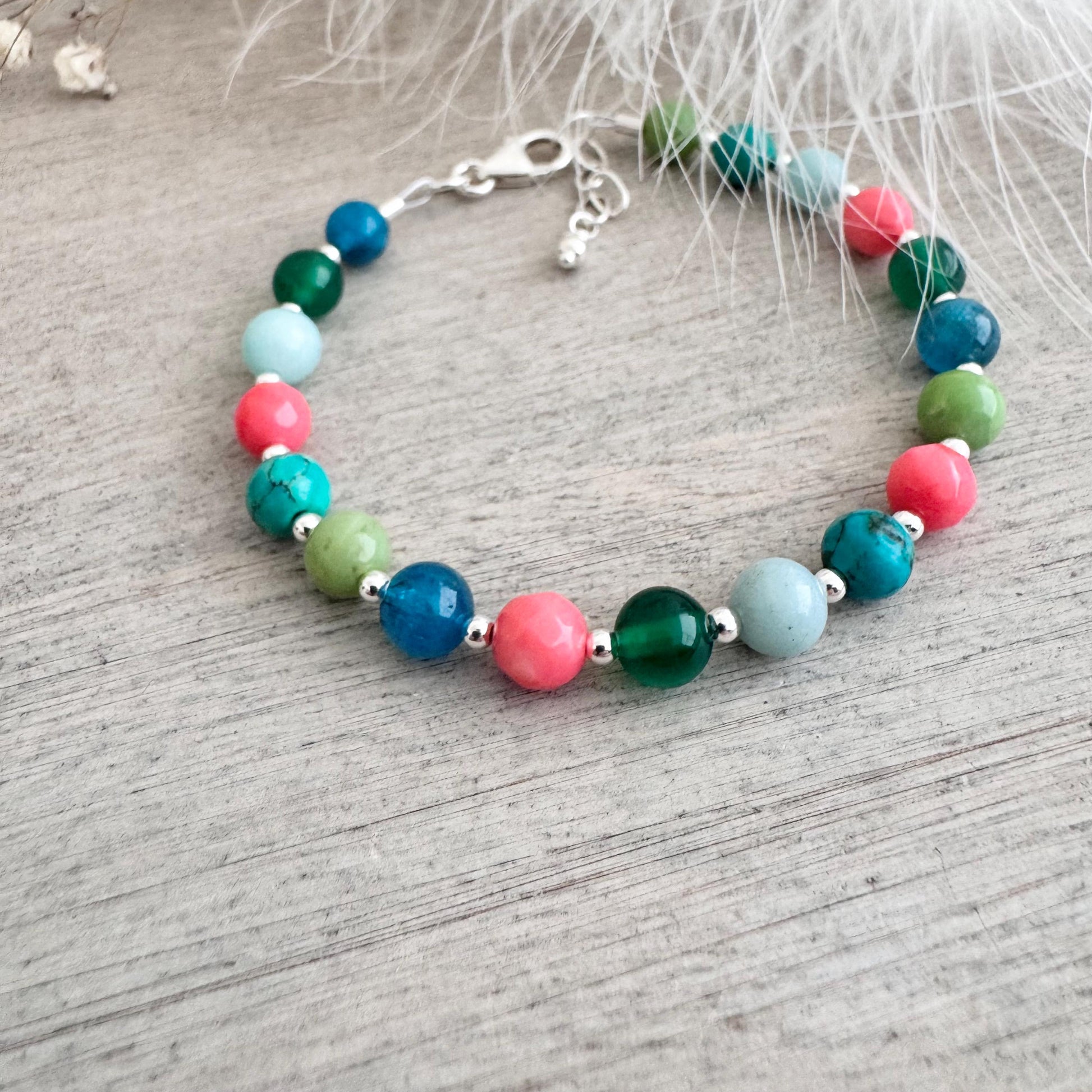 OOAK Gemstone Bracelet, Bright turquoise aqua coral colour gems in Sterling Silver