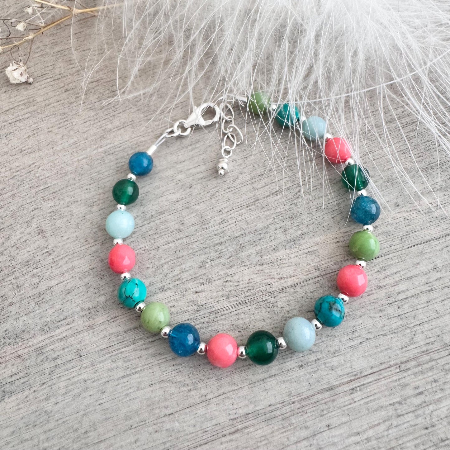 OOAK Gemstone Bracelet, Bright turquoise aqua coral colour gems in Sterling Silver