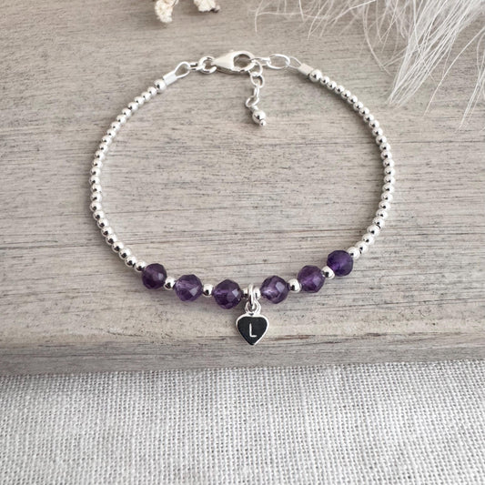 Personalised Amethyst Bracelet, Dainty February Birthstone Jewellery in Sterling Silver