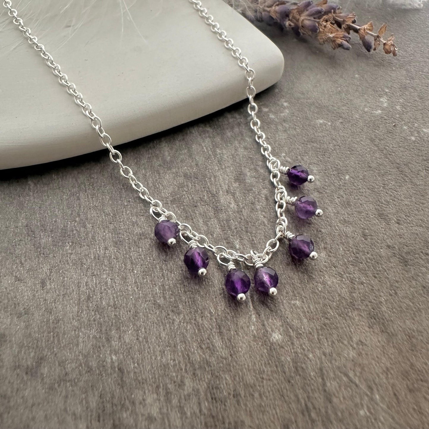 Dainty Amethyst drops necklace sterling silver, February birthstone jewellery