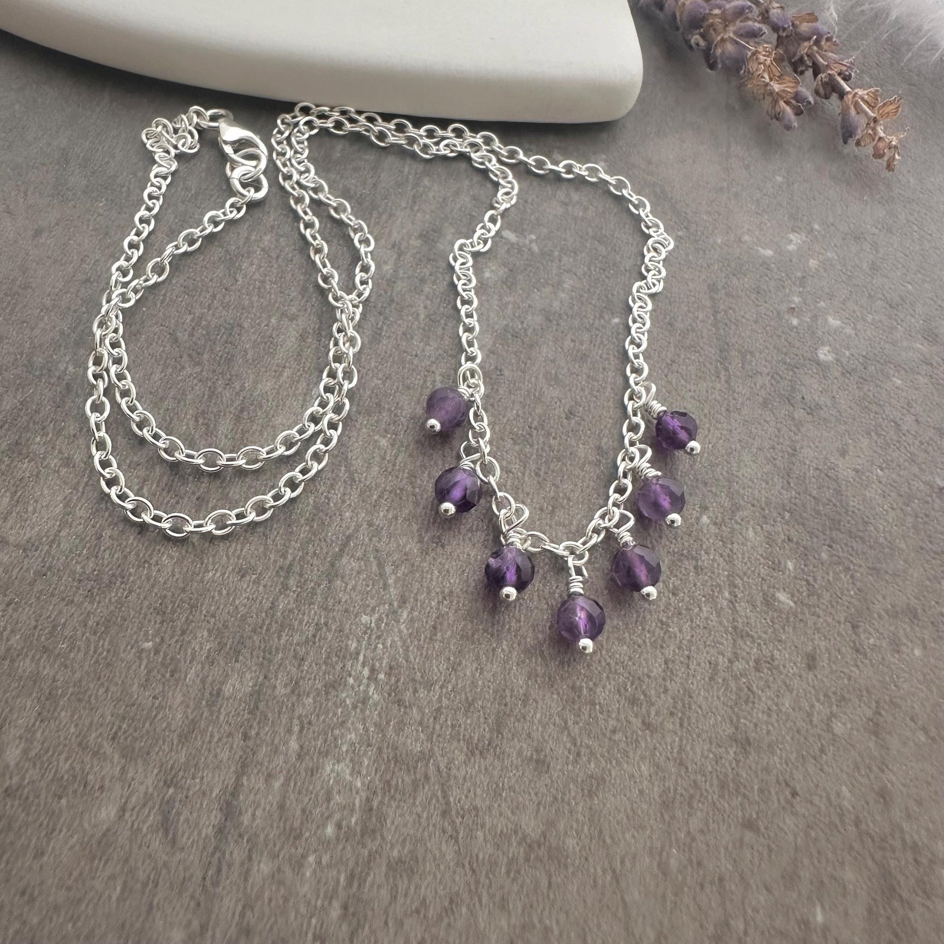 Dainty Amethyst drops necklace sterling silver, February birthstone jewellery