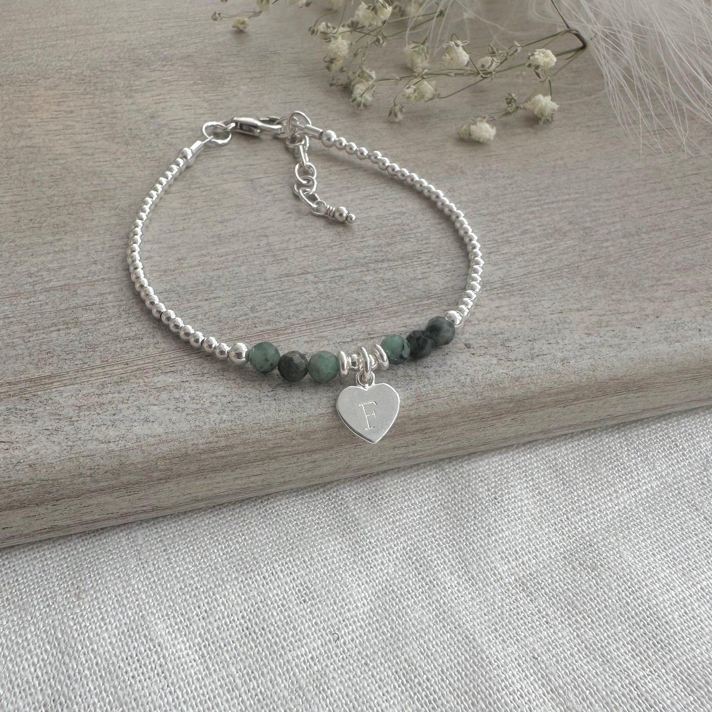 Personalised May Birthstone Bracelet, Dainty Emerald Bracelet in Sterling Silver