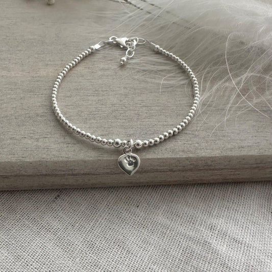 Paw Bracelet sterling silver, Cat mum gift, Dog lovers gift, Dainty Jewellery, 2.5mm beads