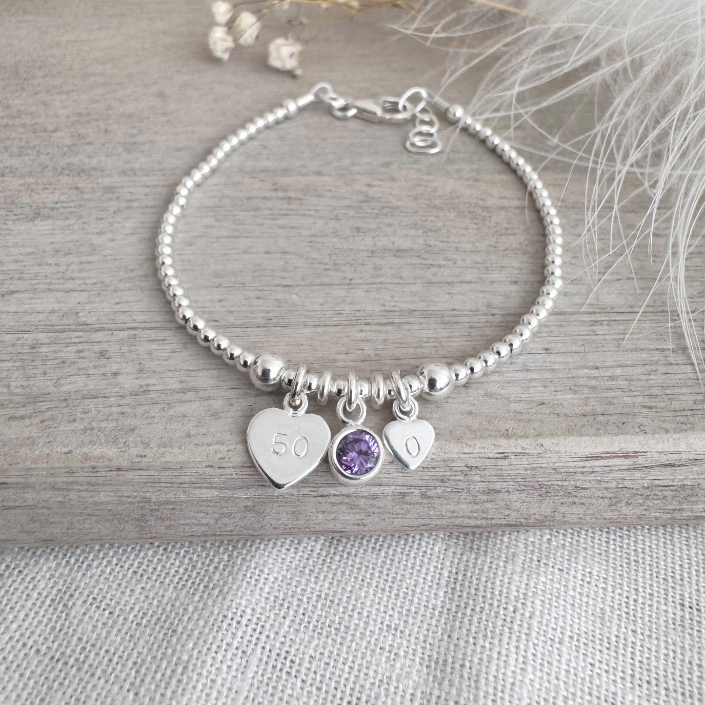 50th Birthday February Birthstone Bracelet, Personalised Initial 50 tag Birthday Gift in Sterling Silver