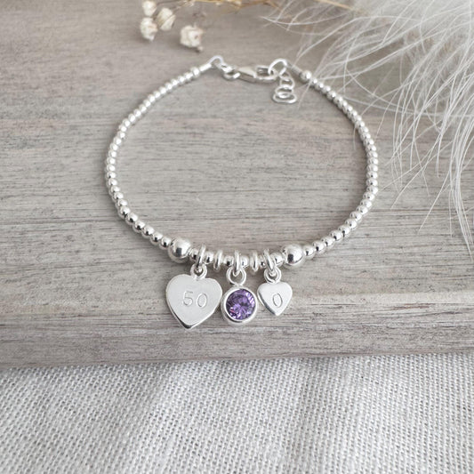 50th Birthday February Birthstone Bracelet, Personalised Initial 50 tag Birthday Gift in Sterling Silver