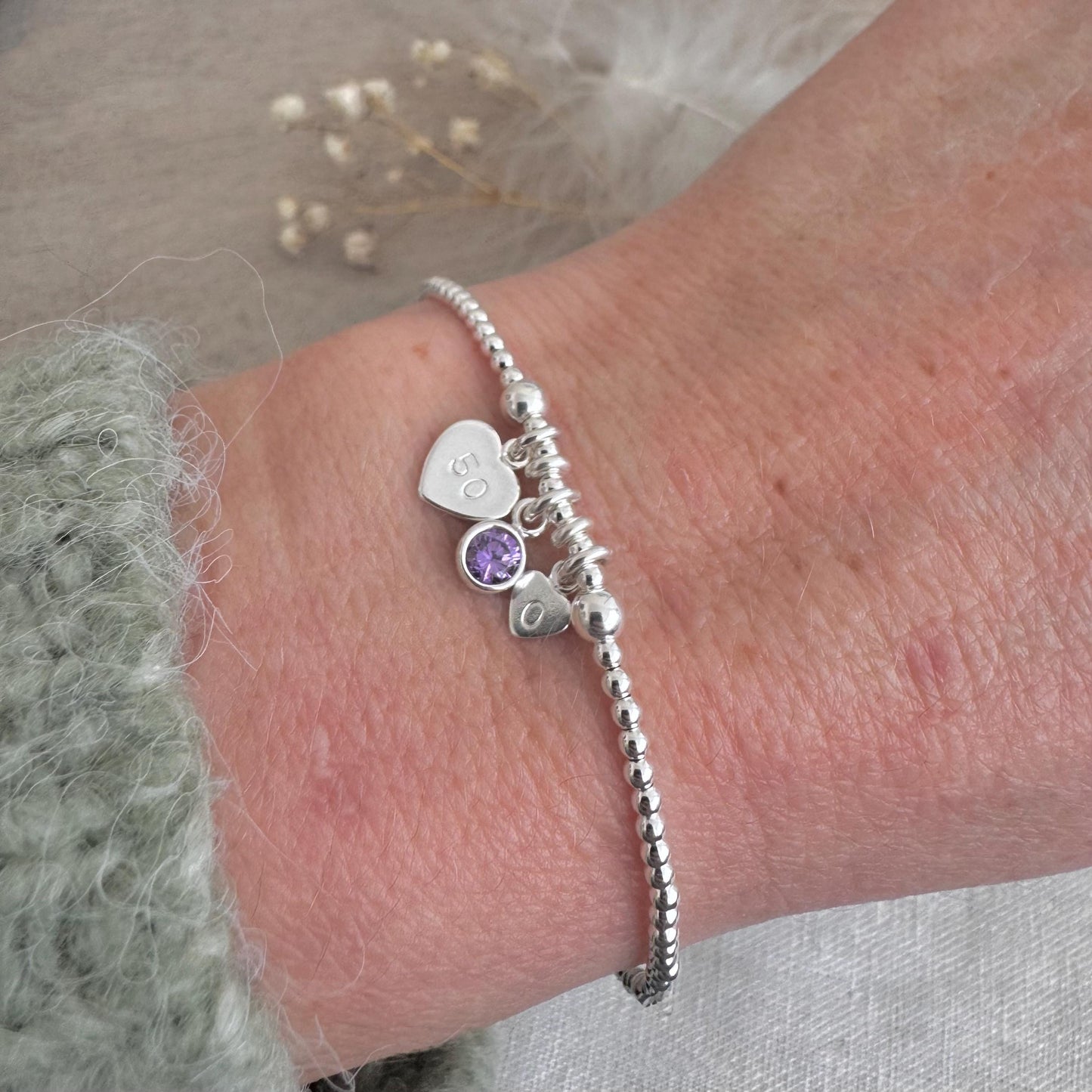 50th Birthday February Birthstone Bracelet, Personalised Initial 50 tag Birthday Gift in Sterling Silver