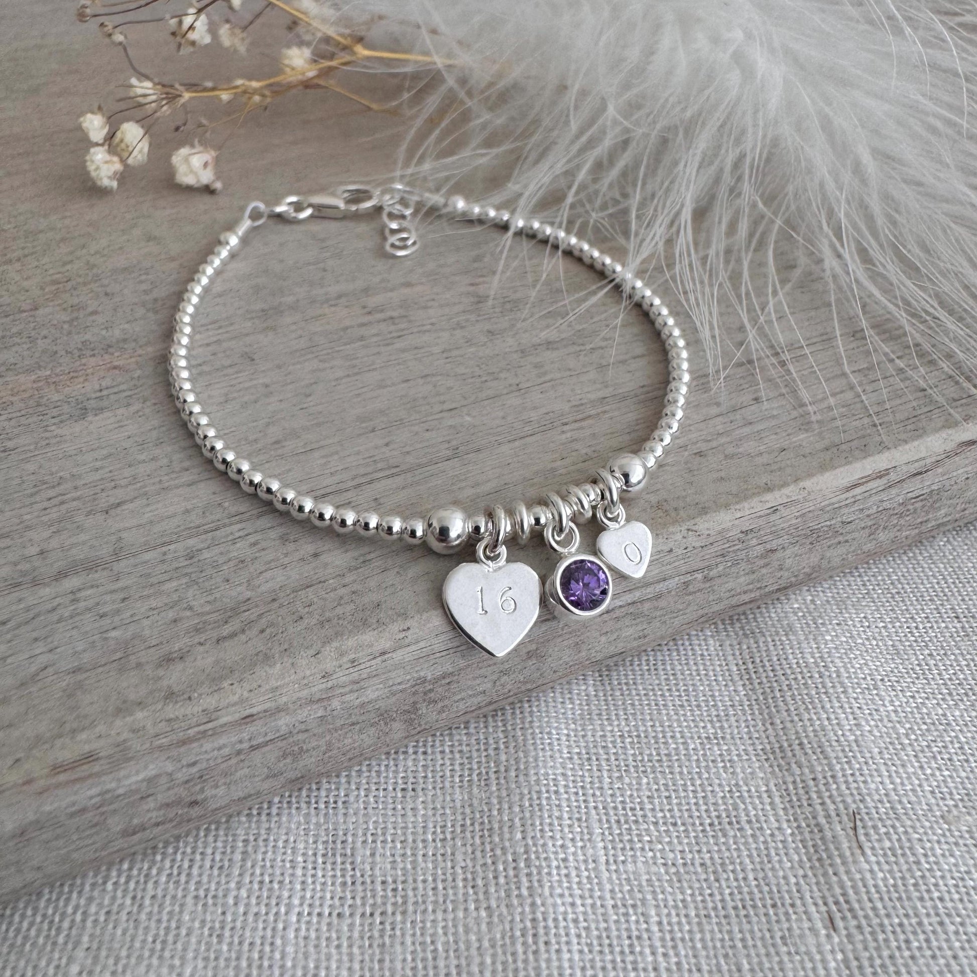 16th Birthday February Birthstone Bracelet, Personalised Initial 16 tag Birthday Gift in Sterling Silver