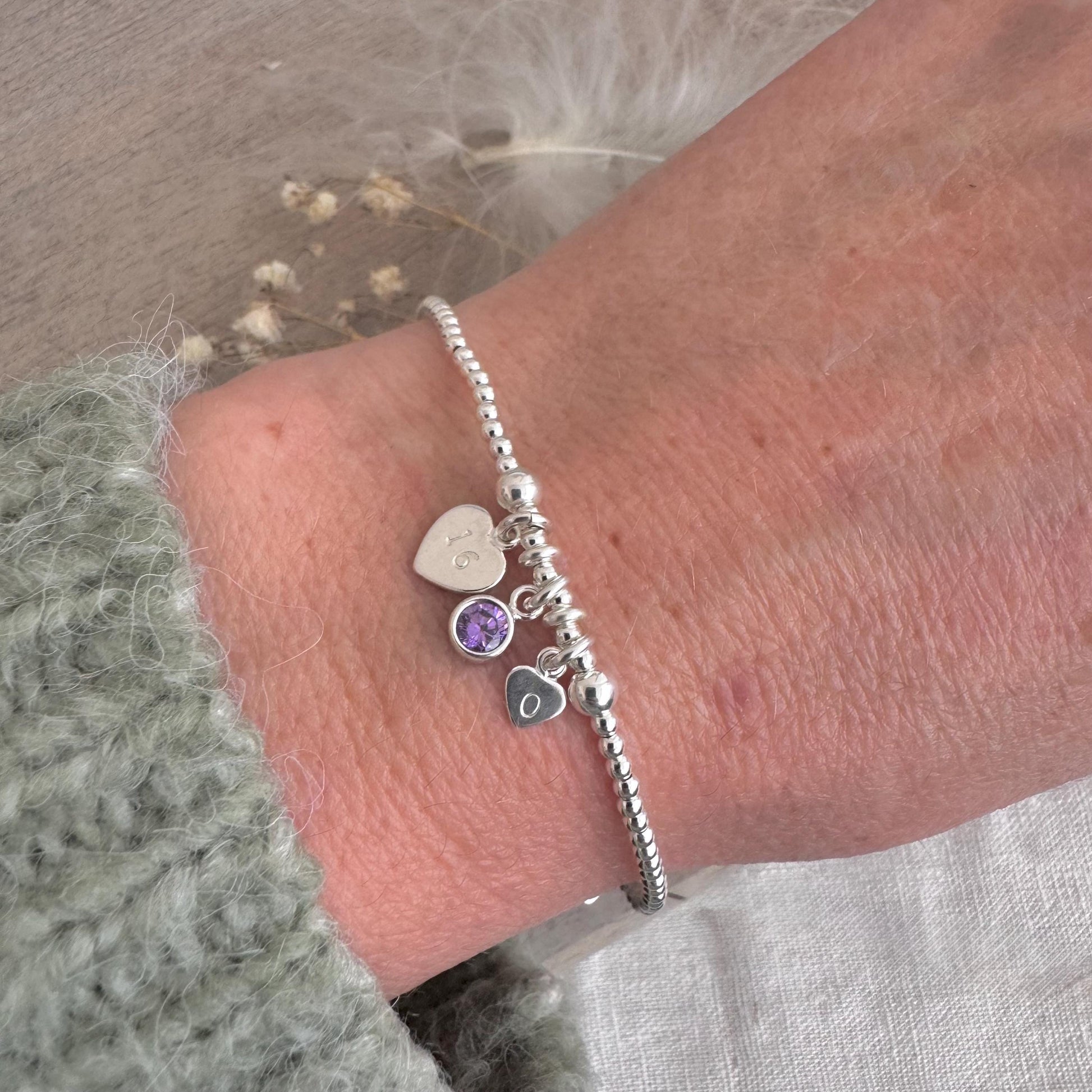 16th Birthday February Birthstone Bracelet, Personalised Initial 16 tag Birthday Gift in Sterling Silver