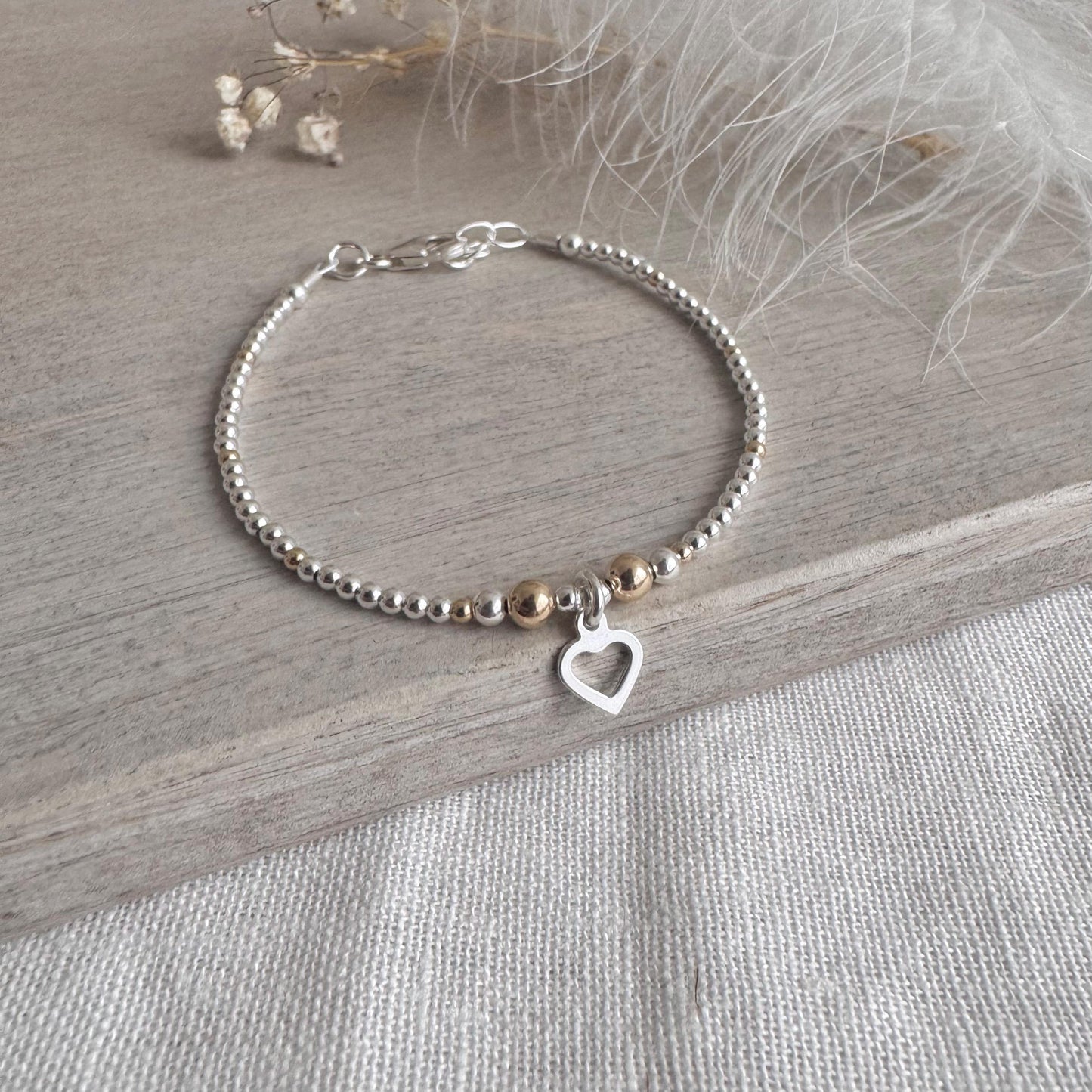 Sterling Silver Gold Fill Mix Metal Bead Bracelet with Heart Charm, Stacking bracelet for women