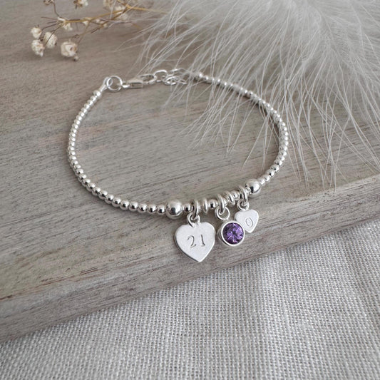 21st Birthday February Birthstone Bracelet, Personalised Initial 21 tag Birthday Gift in Sterling Silver