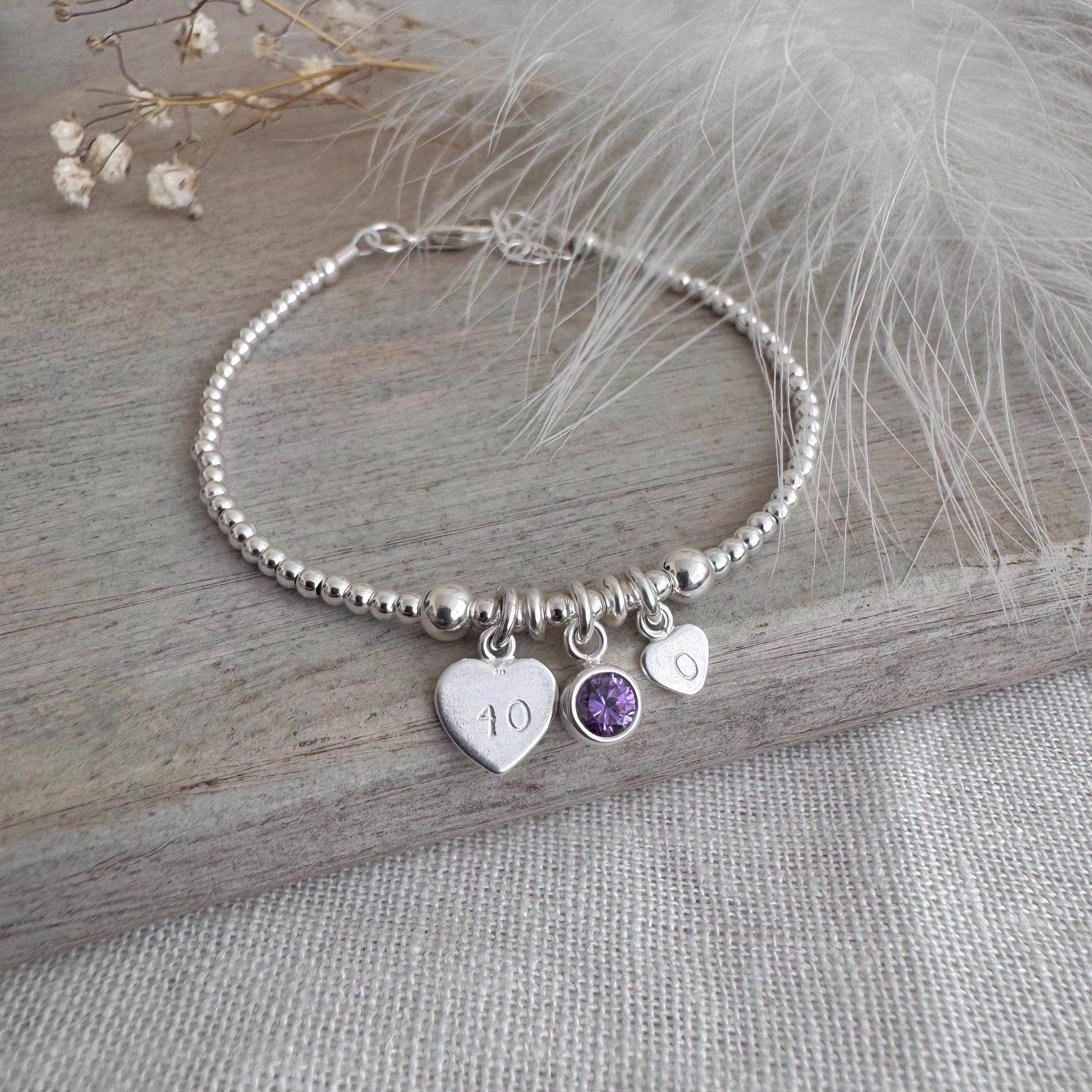 40th Birthday February Birthstone Bracelet, Personalised Initial 40 tag Birthday Gift in Sterling Silver