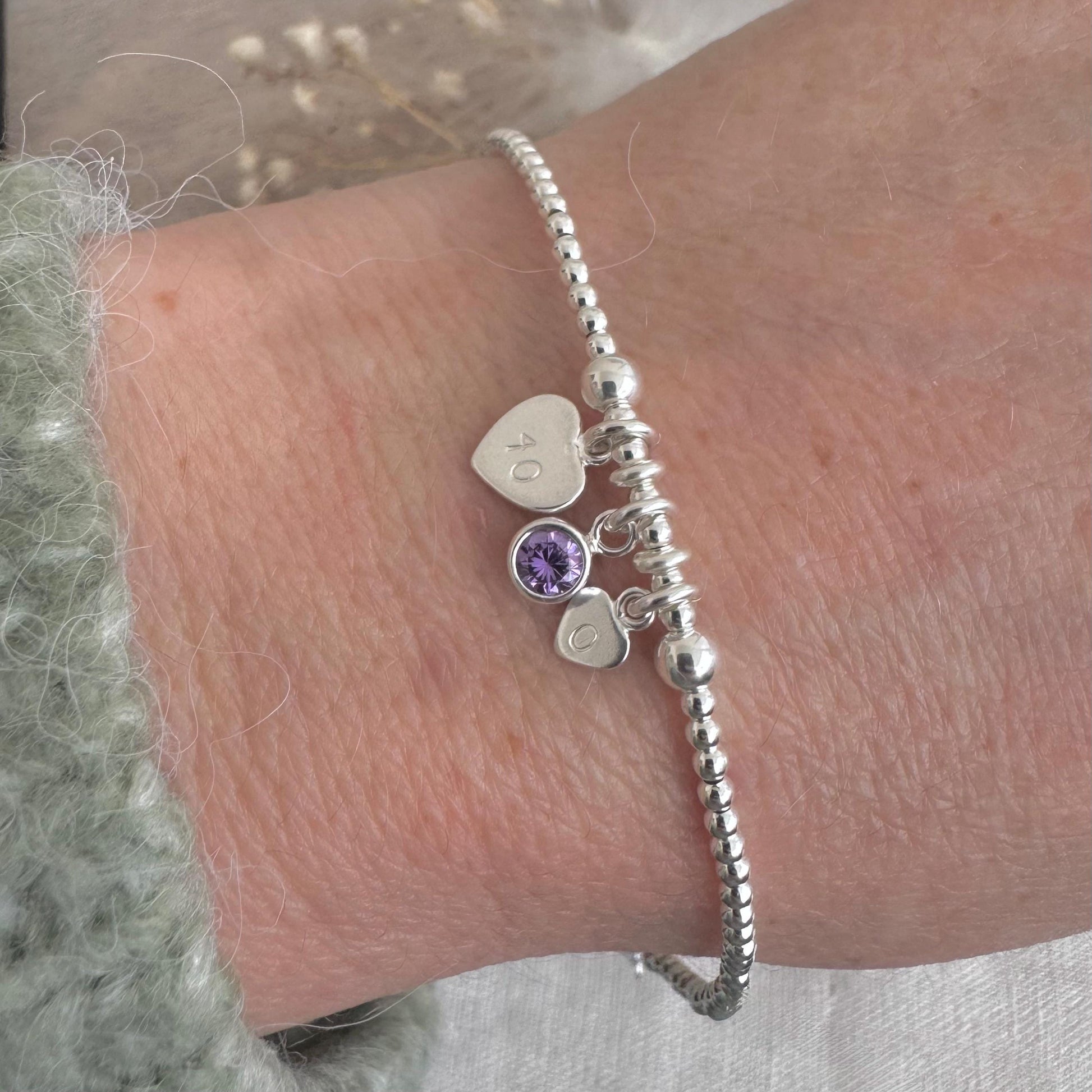 40th Birthday February Birthstone Bracelet, Personalised Initial 40 tag Birthday Gift in Sterling Silver