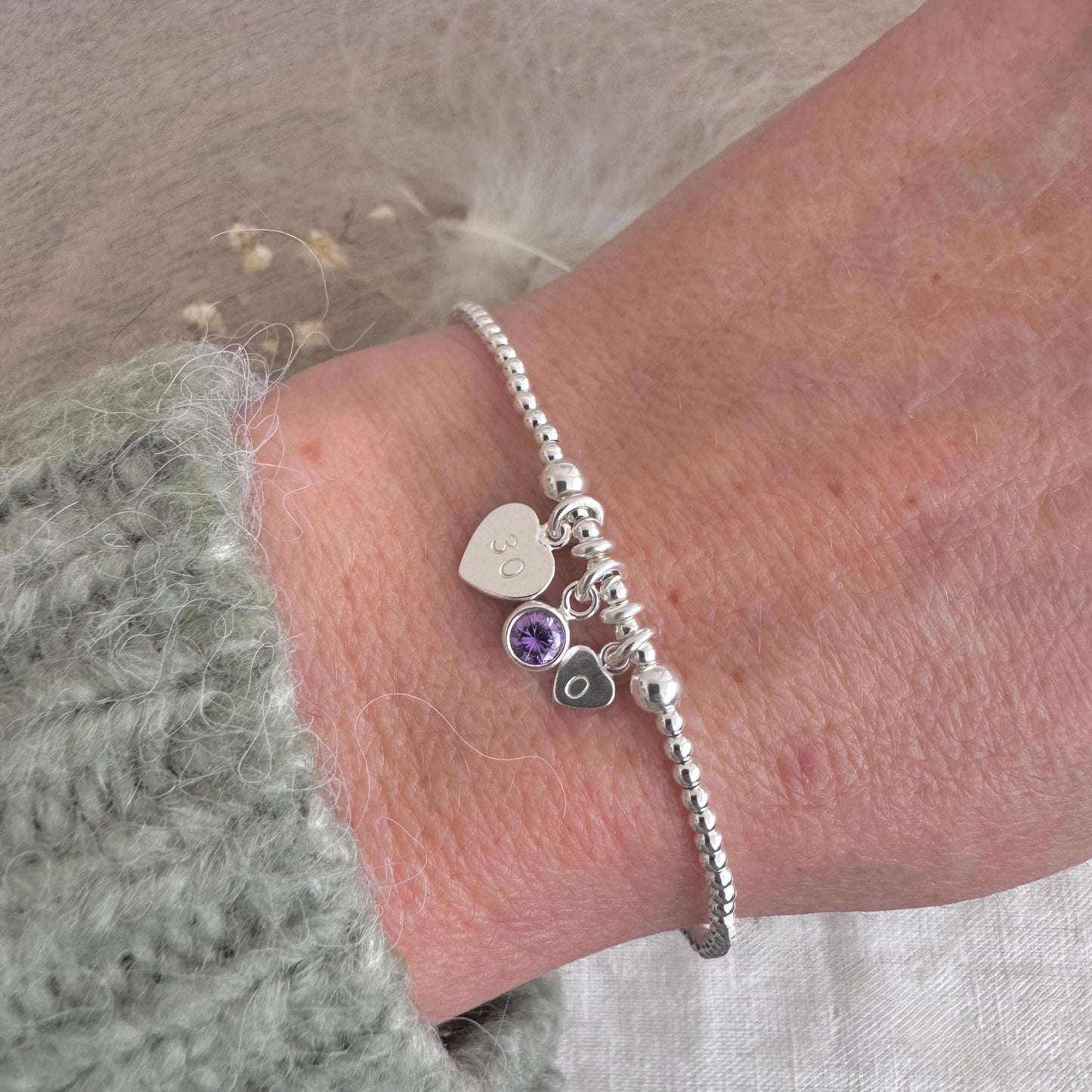 30th Birthday February Birthstone Bracelet, Personalised Initial 30 tag Birthday Gift in Sterling Silver