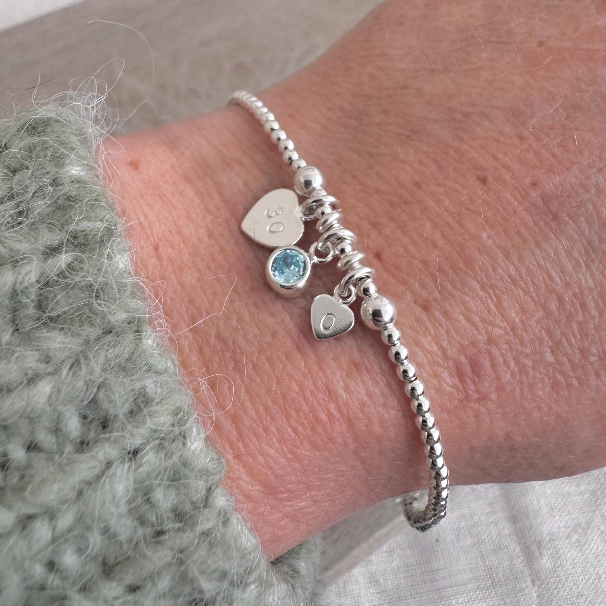 30th Birthday March Birthstone Bracelet, Personalised Initial 30 tag Birthday Gift in Sterling Silver