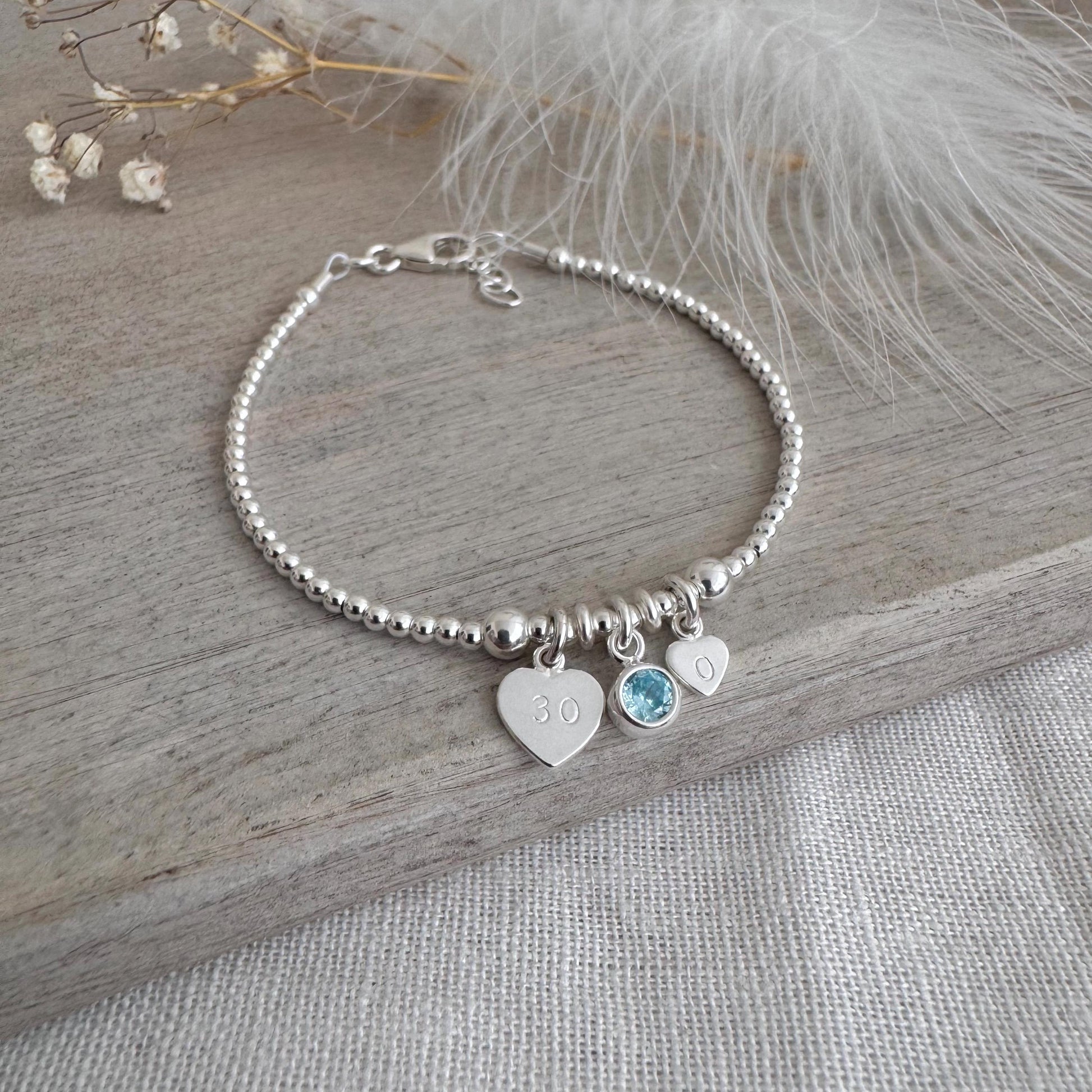 30th Birthday March Birthstone Bracelet, Personalised Initial 30 tag Birthday Gift in Sterling Silver