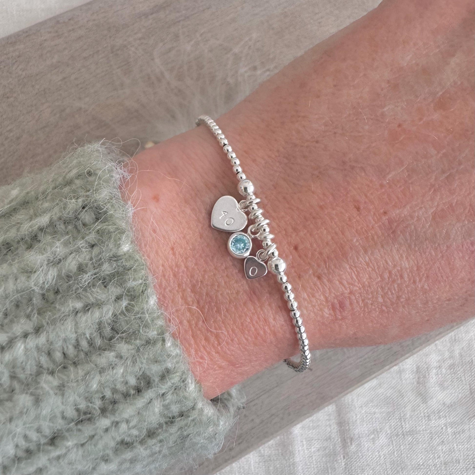 40th Birthday March Birthstone Bracelet, Personalised Initial 40 tag Birthday Gift in Sterling Silver