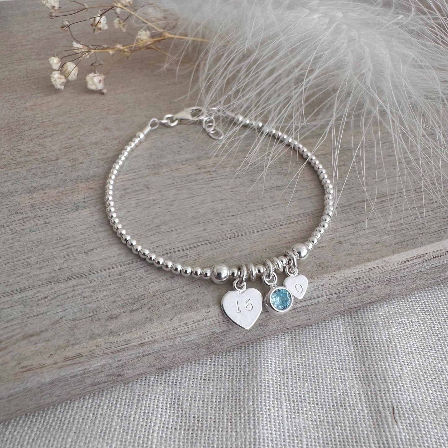 16th Birthday March Birthstone Bracelet, Personalised Initial 16 tag Birthday Gift in Sterling Silver