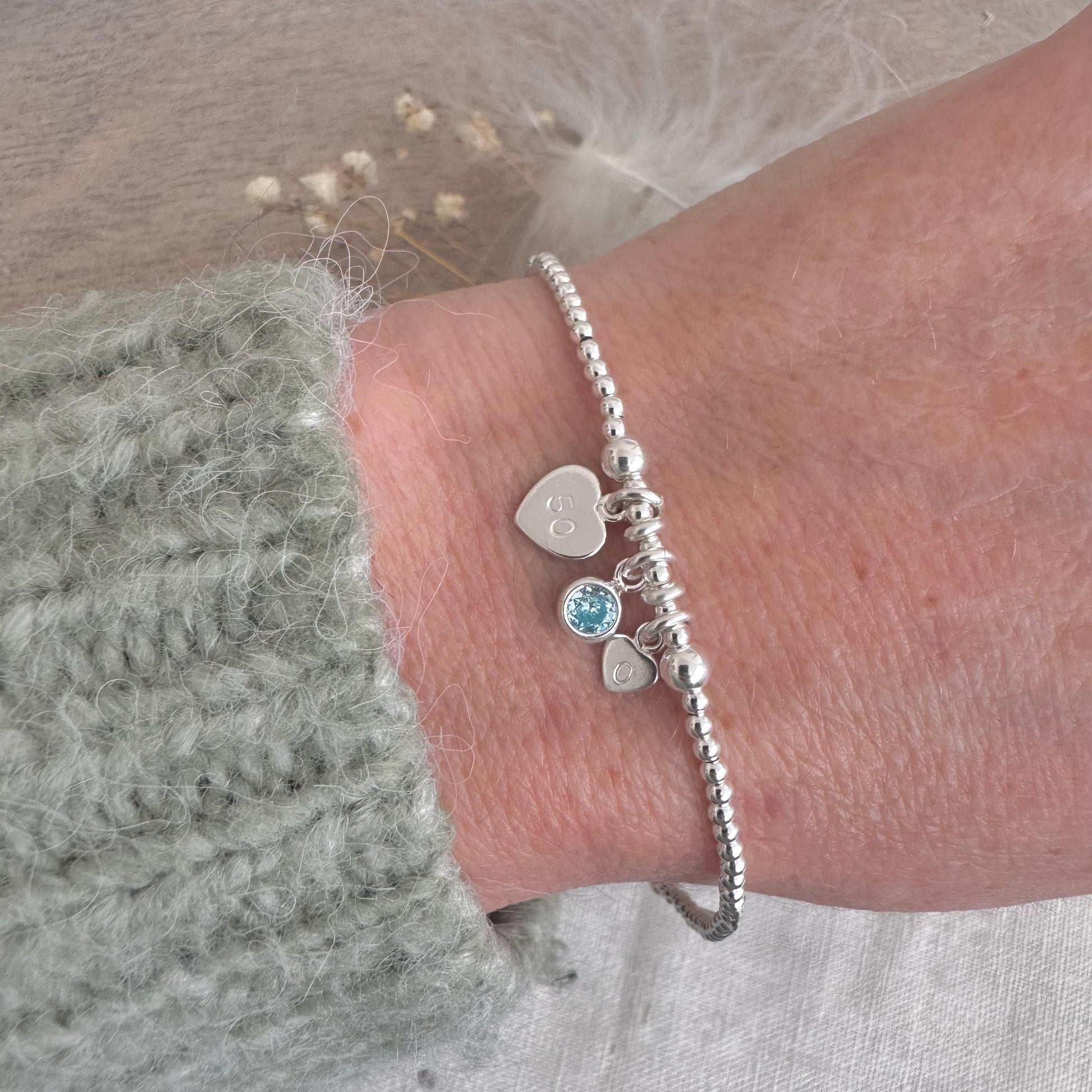 50th Birthday March Birthstone Bracelet, Personalised Initial 50 tag Birthday Gift in Sterling Silver