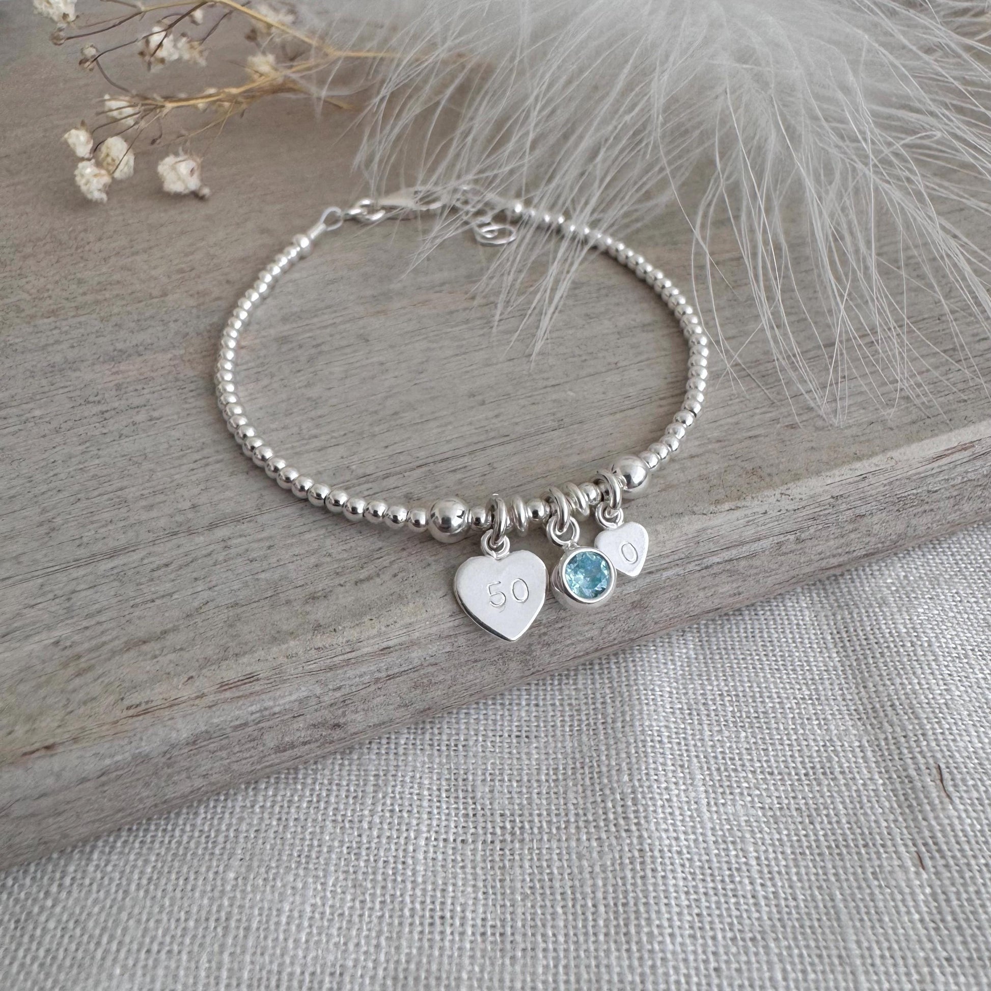 50th Birthday March Birthstone Bracelet, Personalised Initial 50 tag Birthday Gift in Sterling Silver