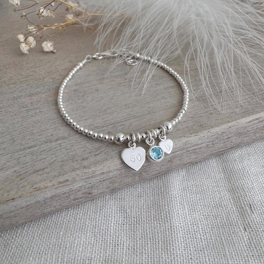 50th Birthday March Birthstone Bracelet, Personalised Initial 50 tag Birthday Gift in Sterling Silver