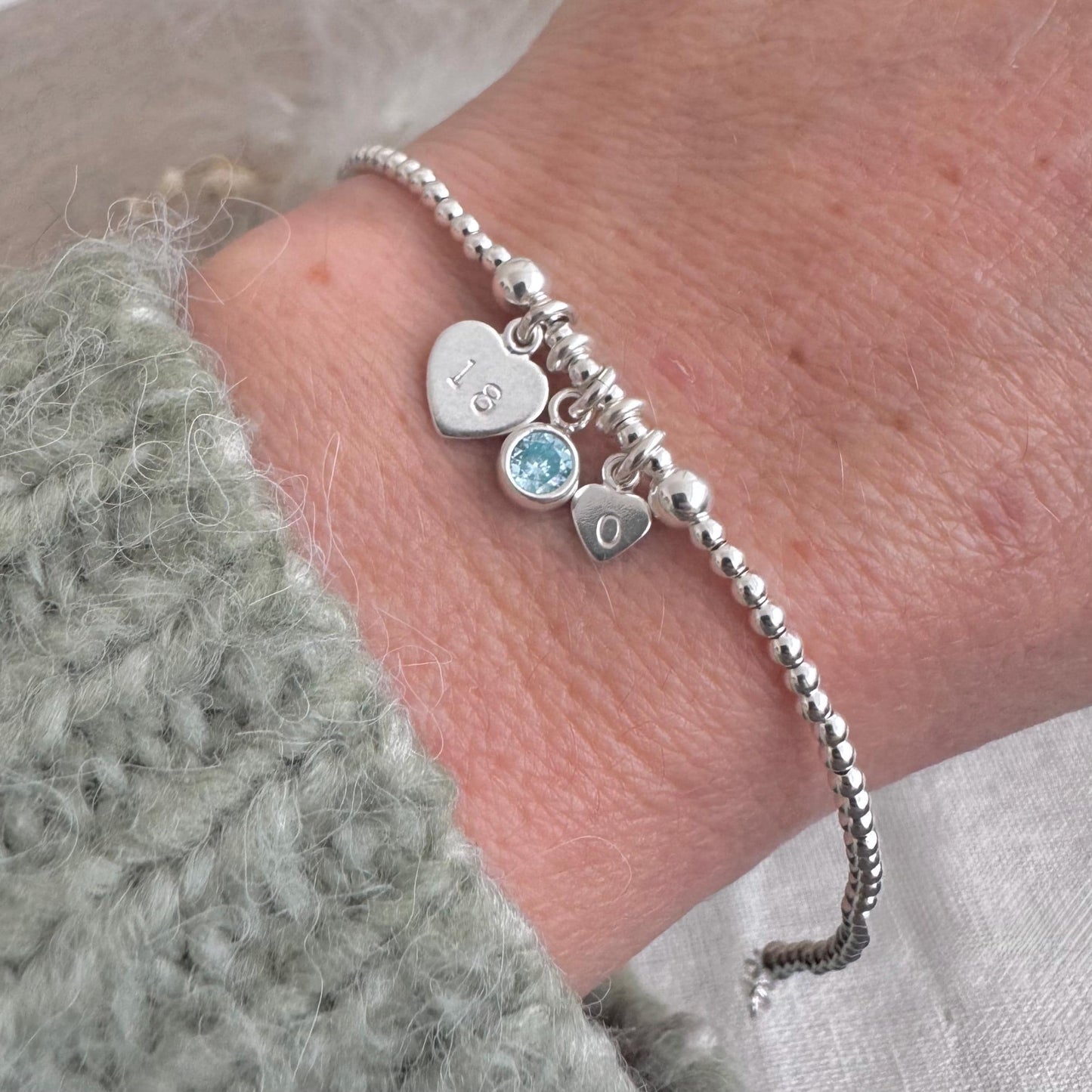 18th Birthday March Birthstone Bracelet, Personalised Initial 18 tag Birthday Gift in Sterling Silver