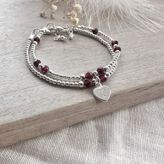 Personalised Bracelet Set with Garnet, January Birthstone Jewellery