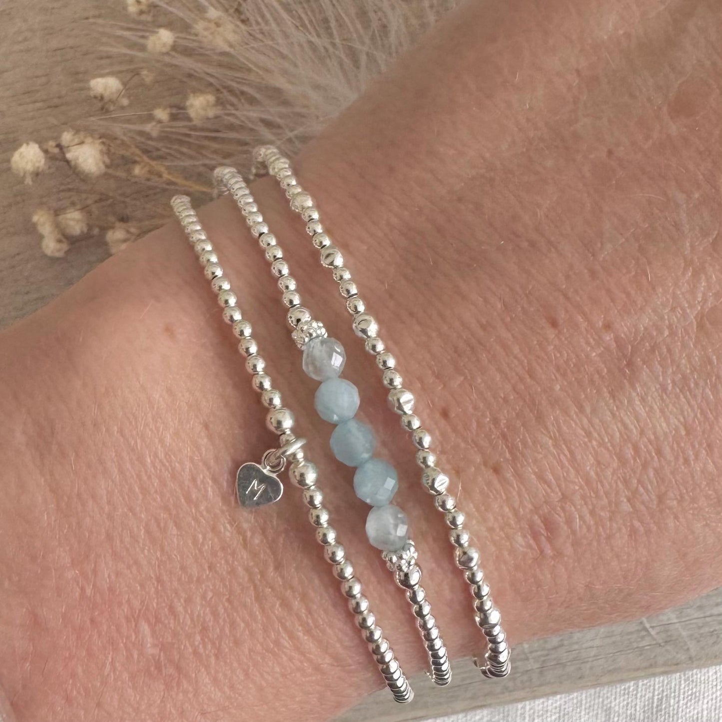 Personalised March Birthstone Aquamarine Bracelet Set, Dainty Sterling Silver Stacking Bracelets for Women