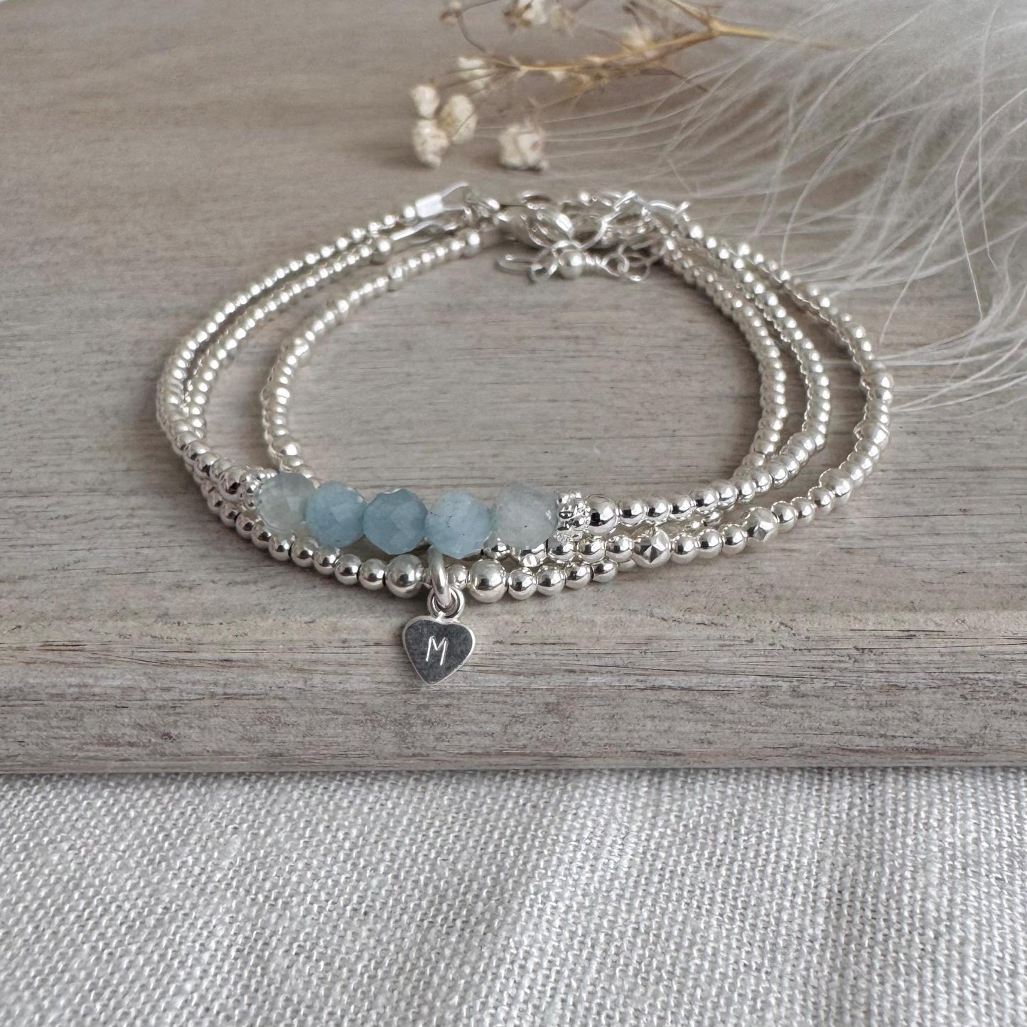 Personalised March Birthstone Aquamarine Bracelet Set, Dainty Sterling Silver Stacking Bracelets for Women