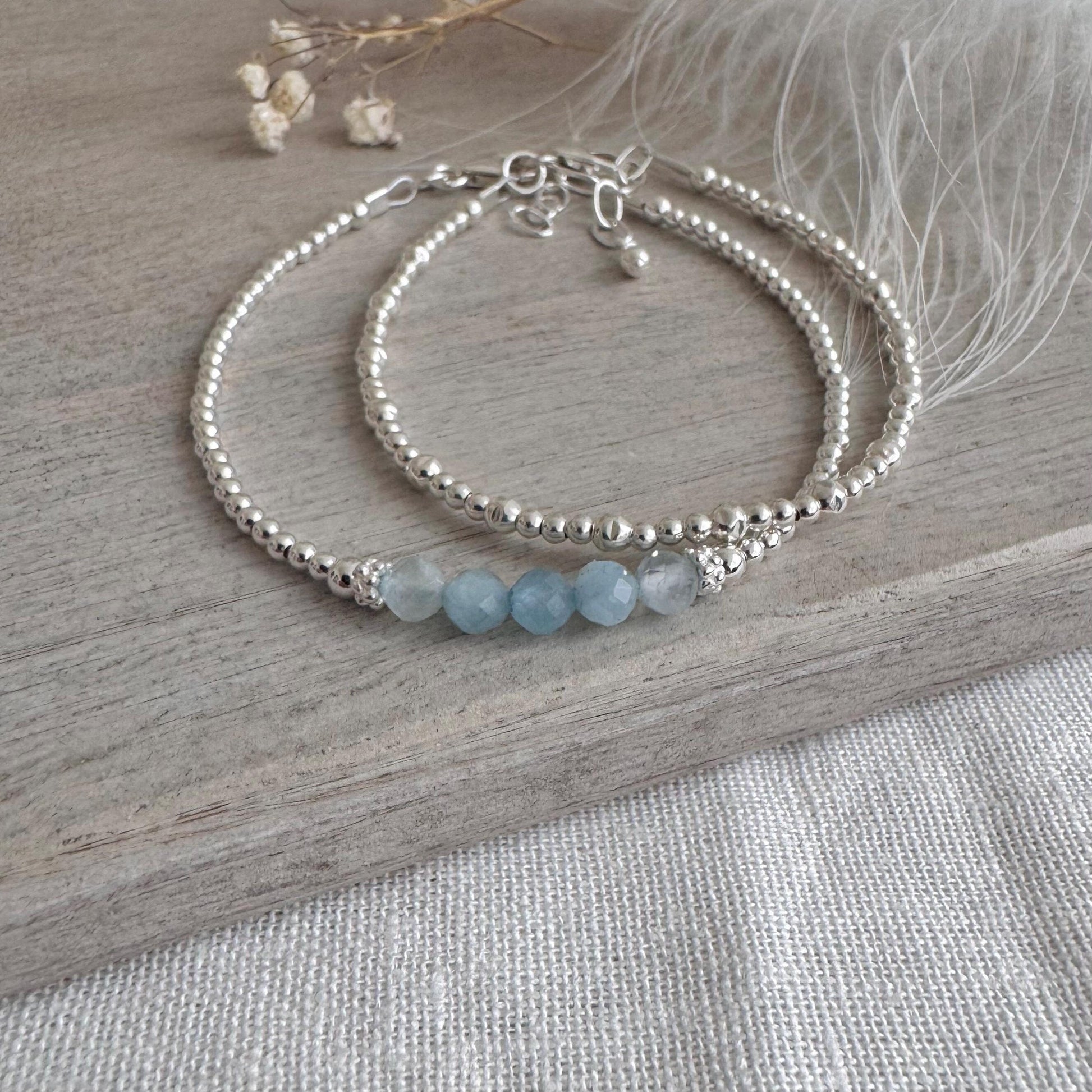 Two Stacking Bracelet Set with aquamarine, March Birthstone