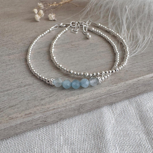 Two Stacking Bracelet Set with aquamarine, March Birthstone