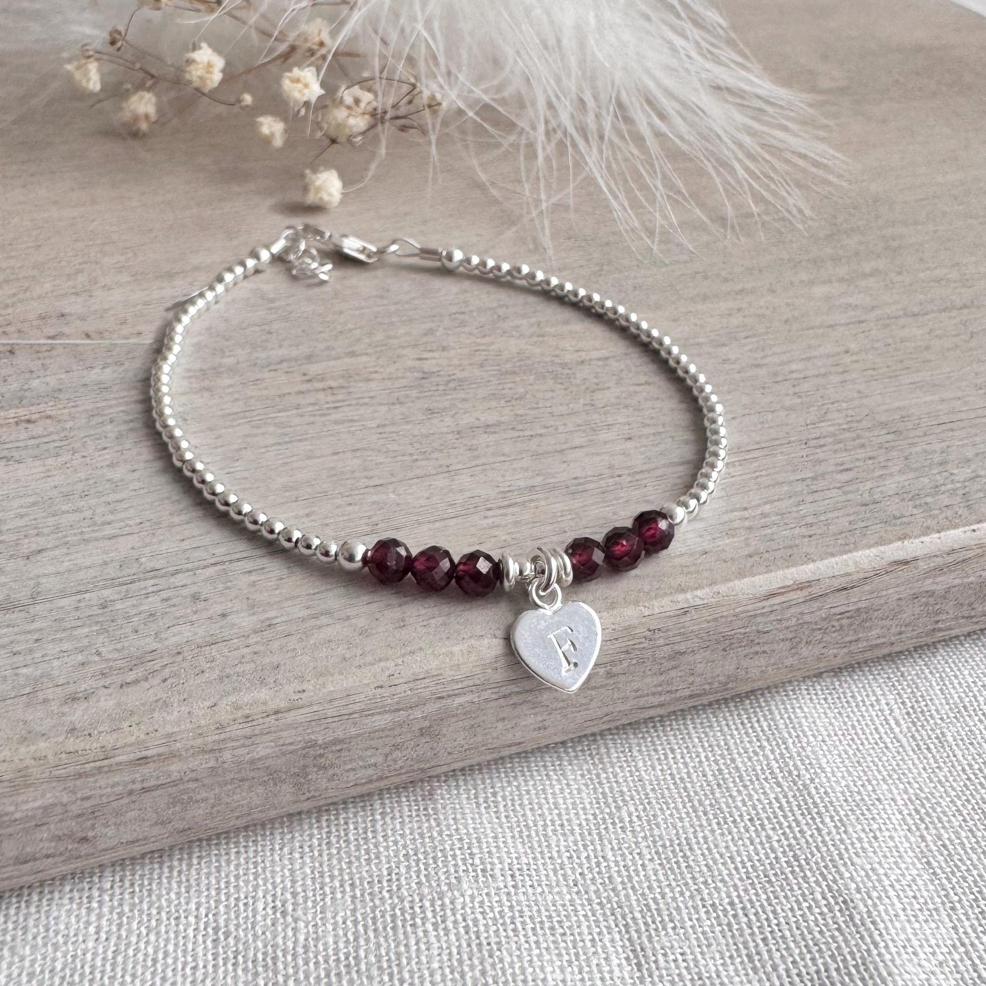 Personalised January Birthstone Bracelet, Dainty Garnet Bracelet in Sterling Silver