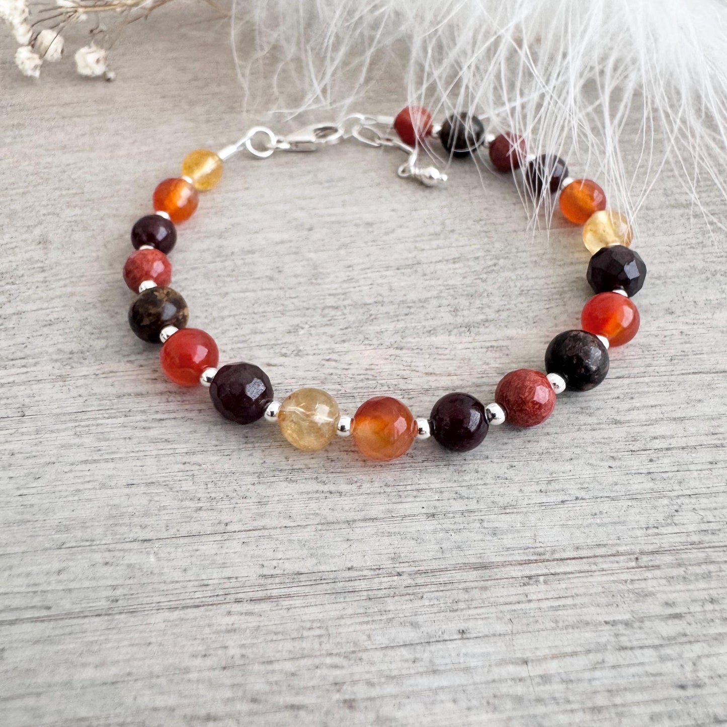 OOAK Gemstone Bracelet, Carnelian Agate Garnet Citrine Sterling Silver