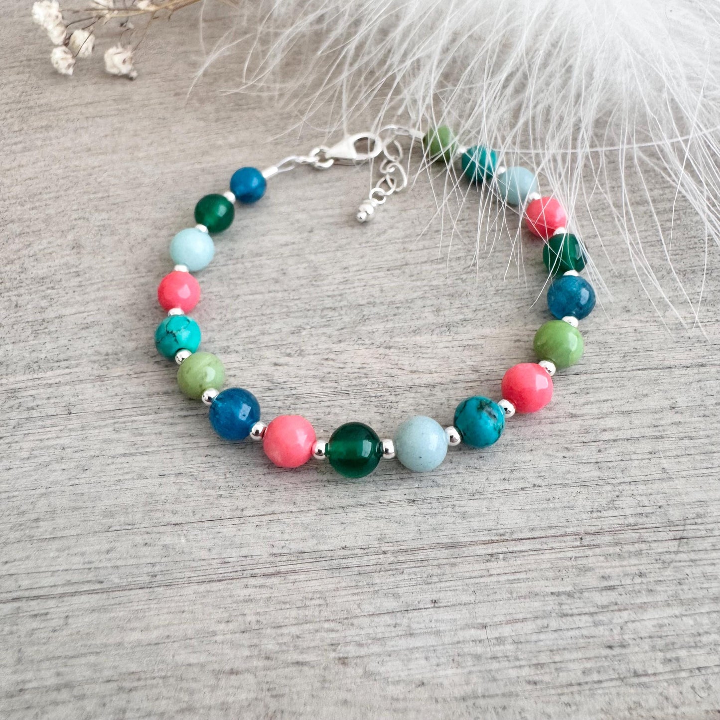 OOAK Gemstone Bracelet, Bright turquoise aqua coral colour gems in Sterling Silver