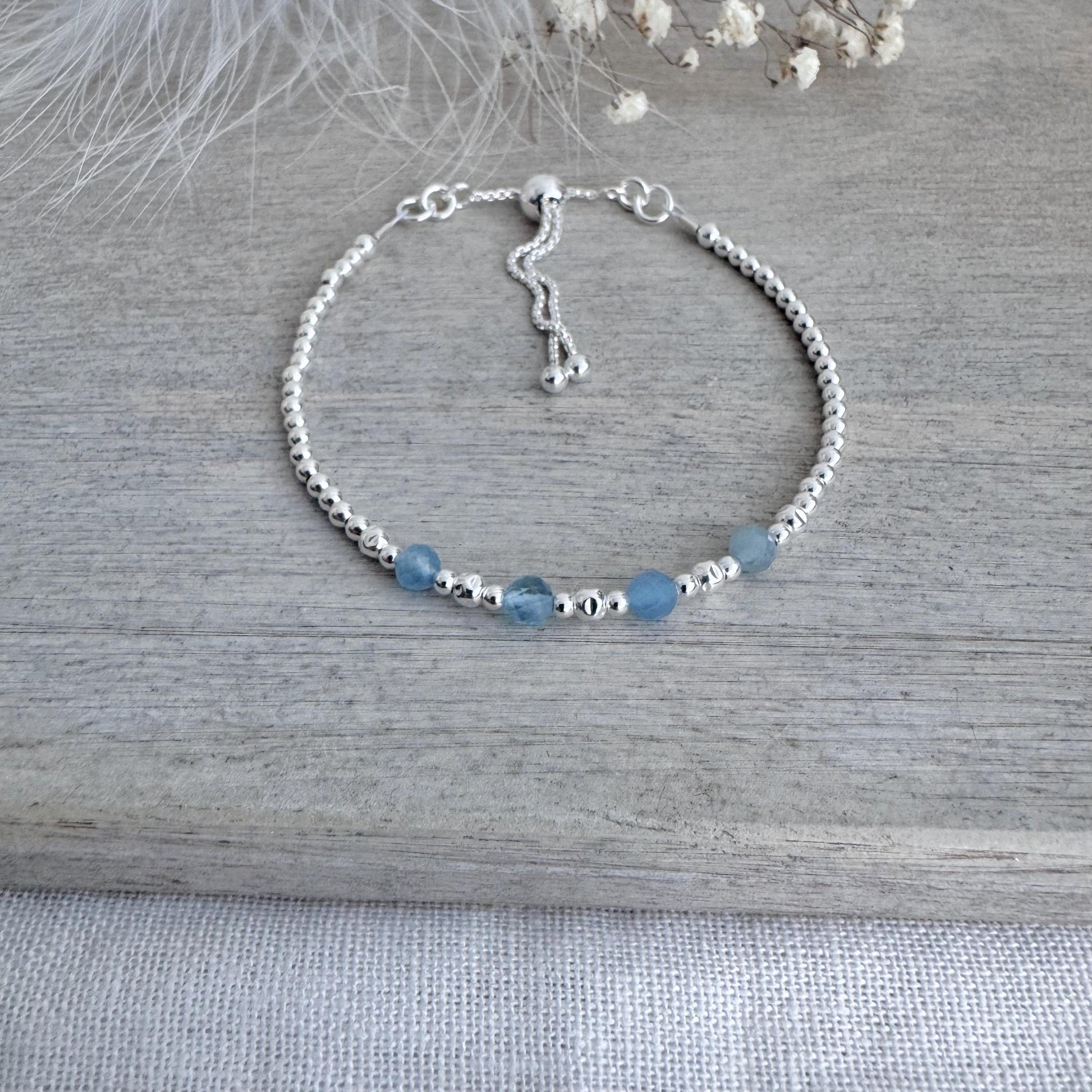 Blue Aquamarine Silver Bracelet, March Birthstone Jewellery