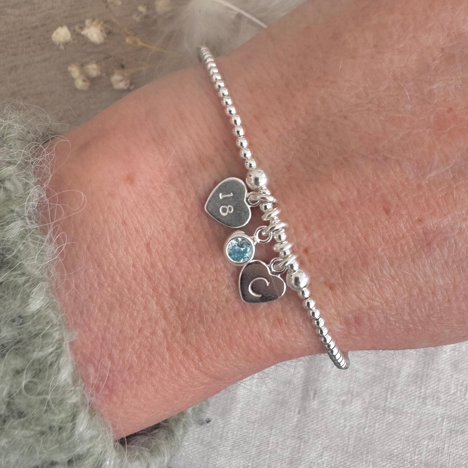 Milestone Bracelet Gift personalised with initial and birthstone for 16th 18th 21st 30th 40th 50th 60th in Sterling Silver