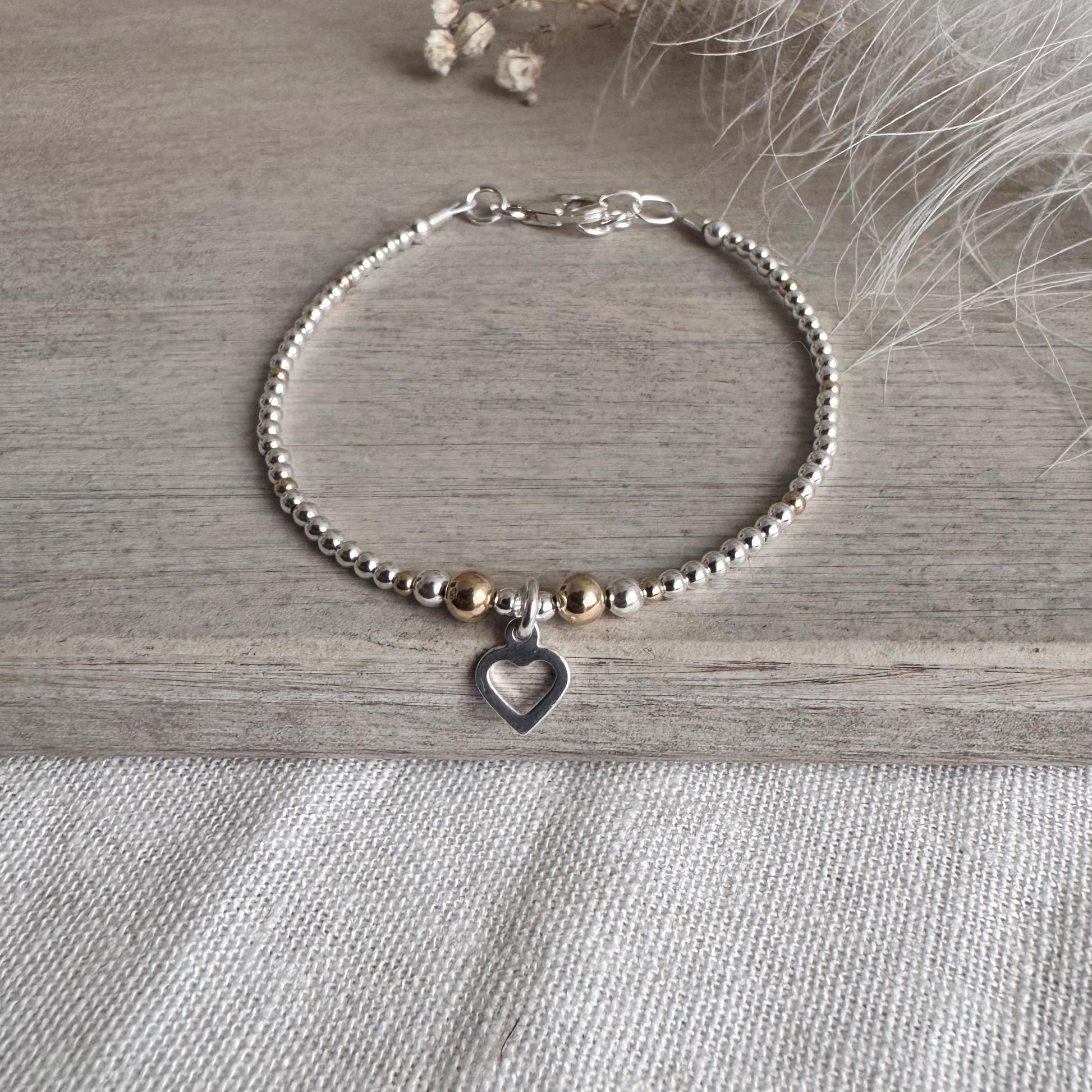 Sterling Silver Gold Fill Mix Metal Bead Bracelet with Heart Charm, Stacking bracelet for women