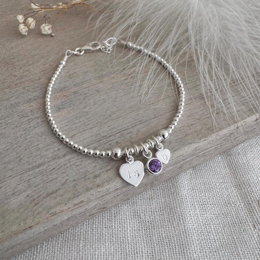 18th Birthday February Birthstone Bracelet, Personalised Initial 18 tag Birthday Gift in Sterling Silver