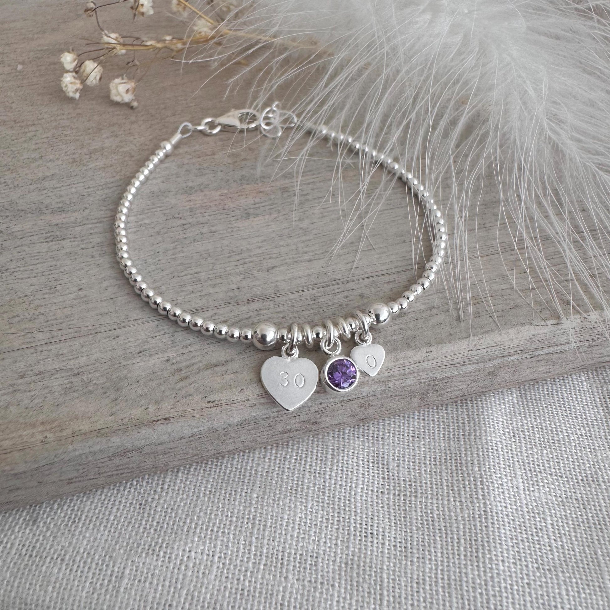 30th Birthday February Birthstone Bracelet, Personalised Initial 30 tag Birthday Gift in Sterling Silver